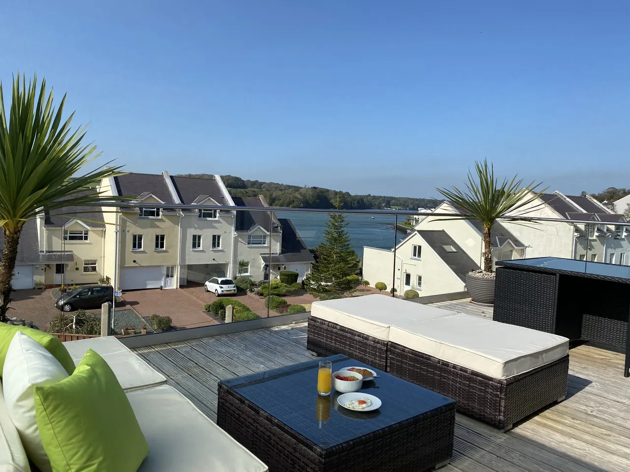 Breakfast on the private terrace overlooking Y Felinheli and the Menai Strait